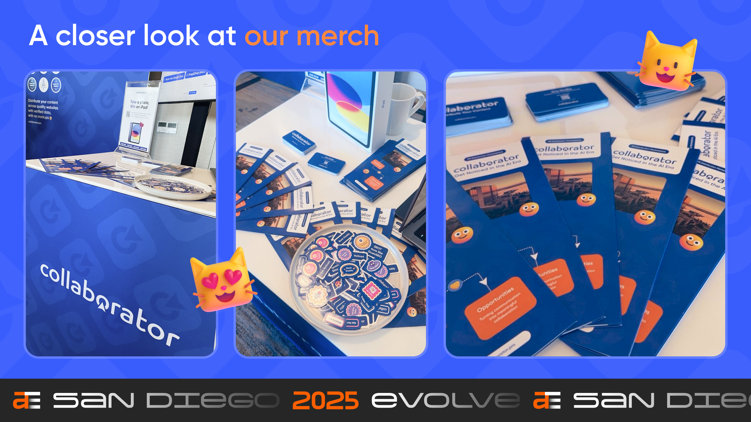 Collaborator merchandise at Ahrefs Evolve, featuring blue and orange branded materials, emoji stickers, and promotional brochure with cat emoji decorations.