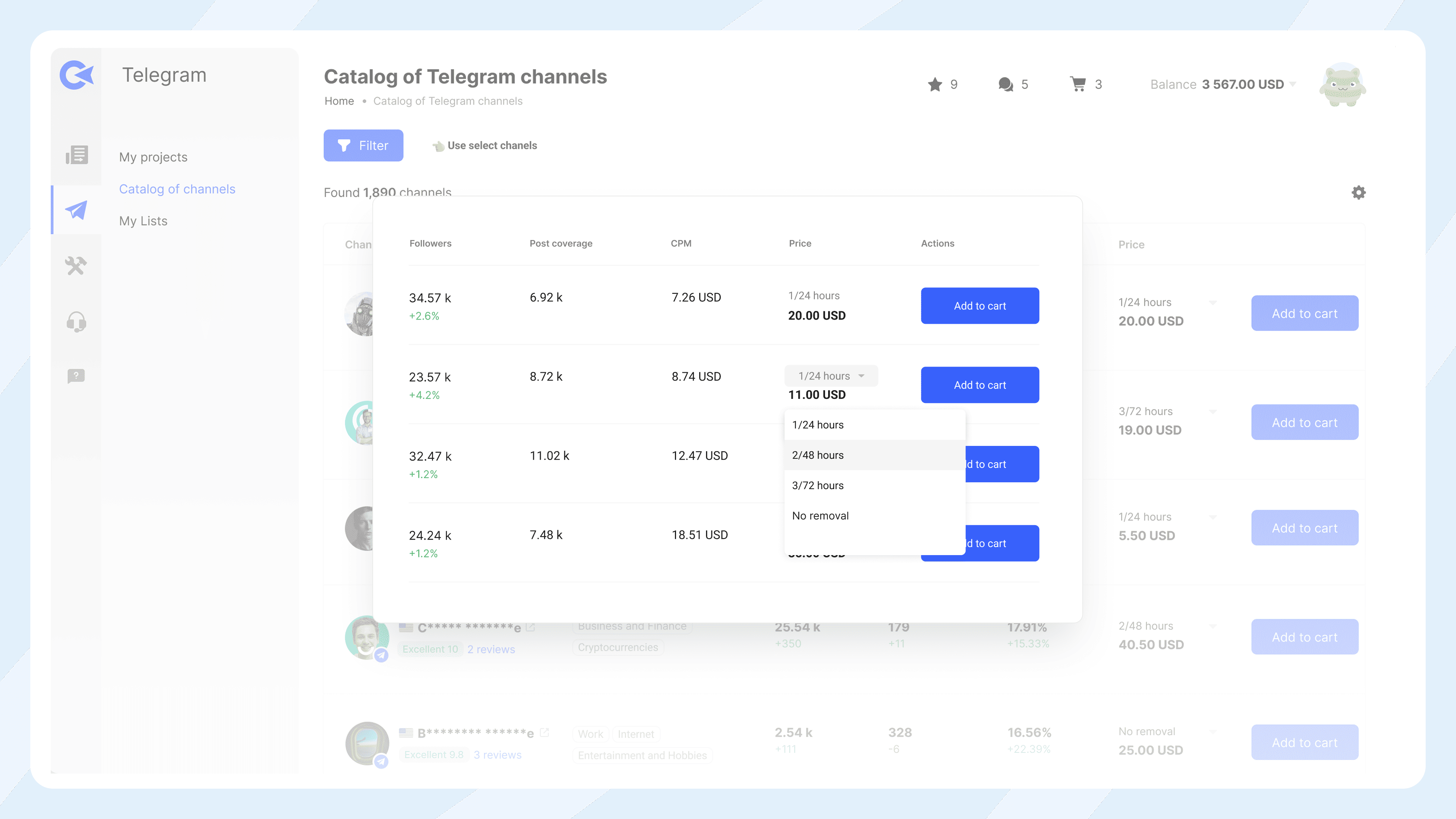 Collaborator Telegram channels marketplace showing pricing for various placement formats with follower counts, post reach metrics, and CPM rates
